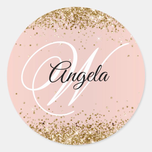Sticker Rond Faux Pailleté Blush Monogramme en Or (Devant)