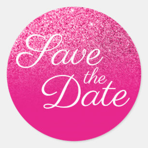 Sticker Rond Faux Pailleté Rose Chaud Ombré Enregistrez la Date