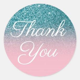 Sticker Rond Faux Pailleté Turquoise Rose Ombre Merci