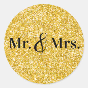 Sticker Rond Faux Paillettes Dorées Mariage M. & Mme