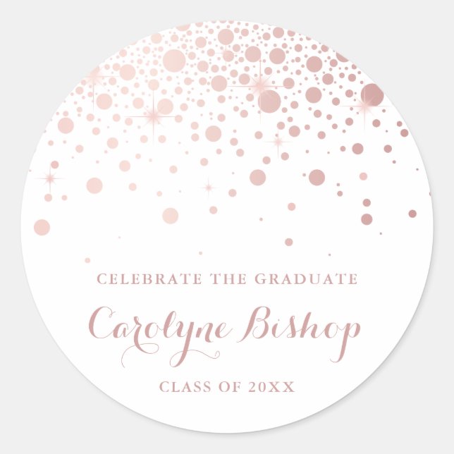 Sticker Rond Faux Rose Gold Confetti Graduation personnalisée (Devant)