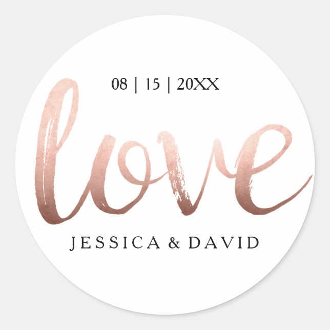Sticker Rond Faux Rose Gold Foil Love (Devant)