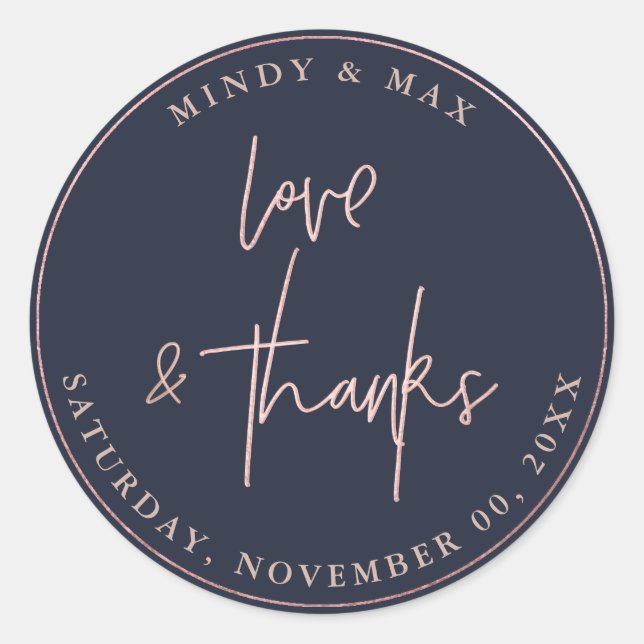 STICKER ROND FAUX ROSE GOLD LOVE+THANKS SIGNATURE SCRIPT (Devant)