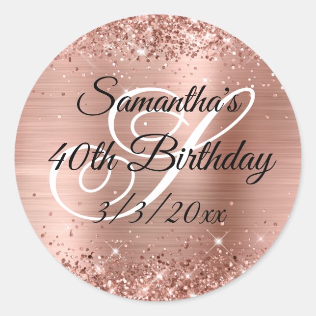 Sticker Rond Faux Rose Gold Parties scintillant et Foil 40e ann (Devant)