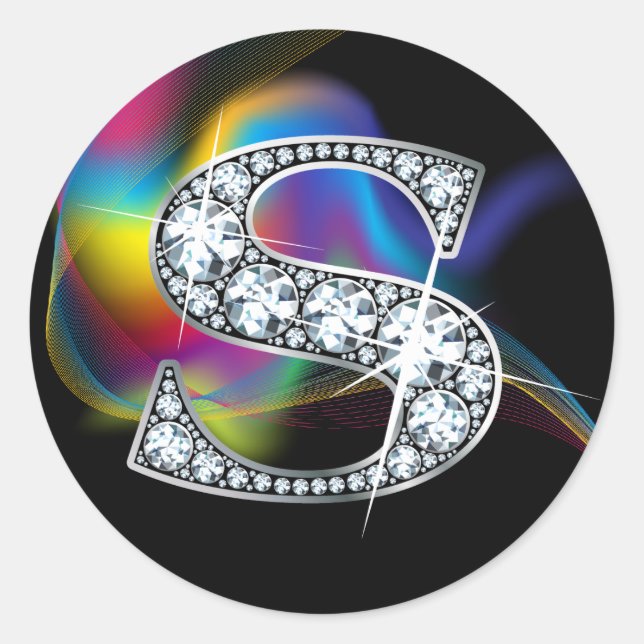 Sticker Rond Faux "S" Diamond Bling sur Rainbow Swirl Heart (Devant)