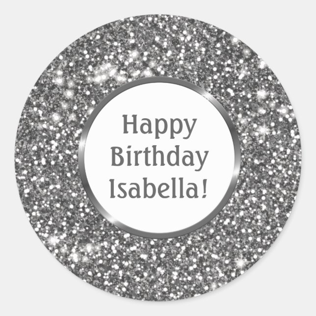 Sticker Rond Faux Silver Grey Parties scintillant Custom Joyeux (Devant)