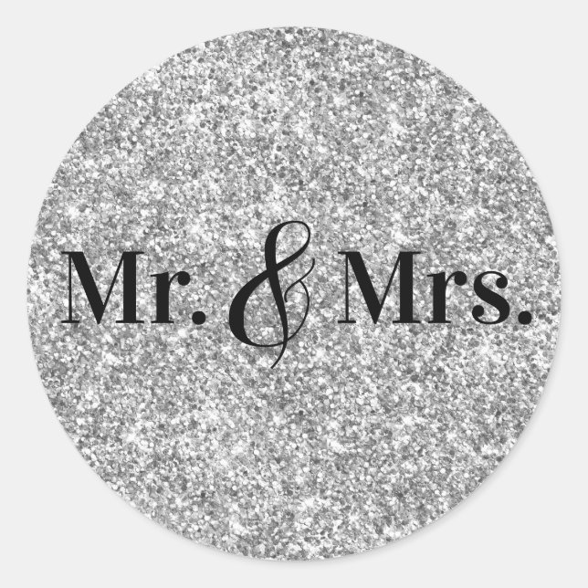 Sticker Rond Faux Silver Parties scintillant M. & Mme Mariage (Devant)
