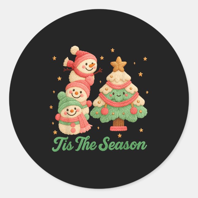 Sticker Rond Faux Yarn Crochet Snowman And Christmas Tree  (Devant)