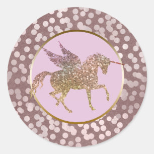 Sticker Rond Fave Licorne Volante Pailletée Rose et Or Glam