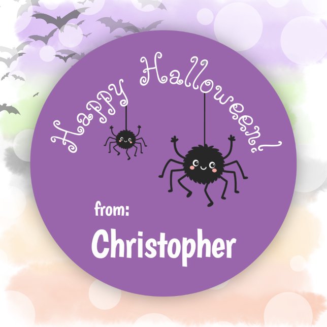 Sticker Rond Faveaux d'araignées mignonnes pour fête violet Joy (Cute Spiders Party Favor Purple Happy Halloween Classic Round Sticker)