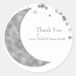 Sticker Rond Faveur blanche Baby Shower Lune et Étoiles d'Argen