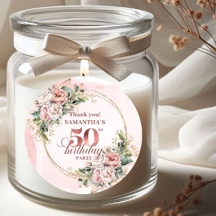 Sticker Rond Faveur d'anniversaire 50 ans à l'aquarelle Rose Go