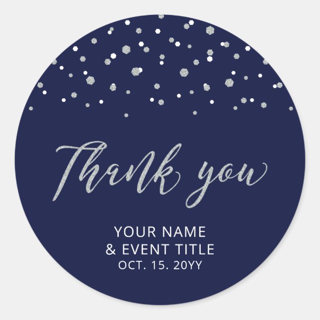 Sticker Rond Faveur d'anniversaire moderne Navy & Argent Remerc (Devant)