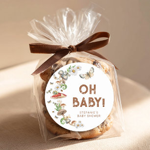 Sticker Rond Faveur de Baby Shower Bébé Bois Champignon Oh Bébé