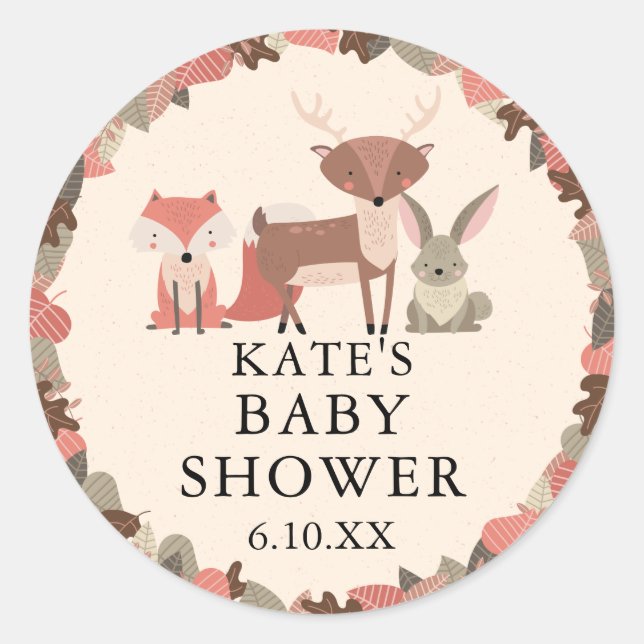 Sticker Rond Faveur de Baby Shower Bohème Animaux de la Forêt (Devant)
