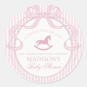 Sticker Rond Faveur de Baby Shower Cheval à Bascule Ruban Coque