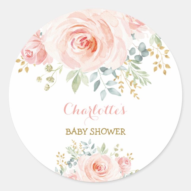 Sticker Rond Faveur de Baby Shower Fille Rose Floral (Devant)