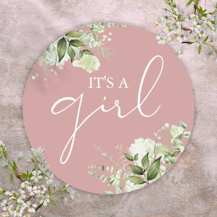 Sticker Rond Faveur de Baby Shower Fille Rose Poussiéreuse Verd