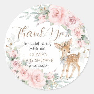 Sticker Rond Faveur de Baby Shower Fleur Rose Pâle Cerf Doux