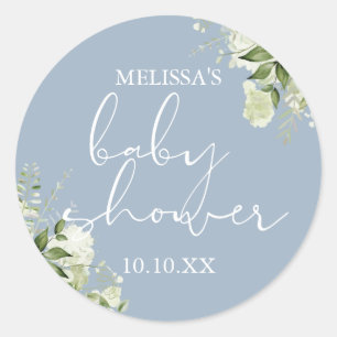 Sticker Rond Faveur de Baby Shower Fleurie de Verdure Bleu Pous