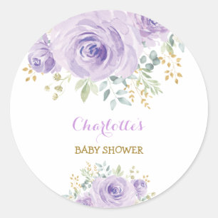 Sticker Rond Faveur de Baby Shower Fleurie Violet Lilas Féminin