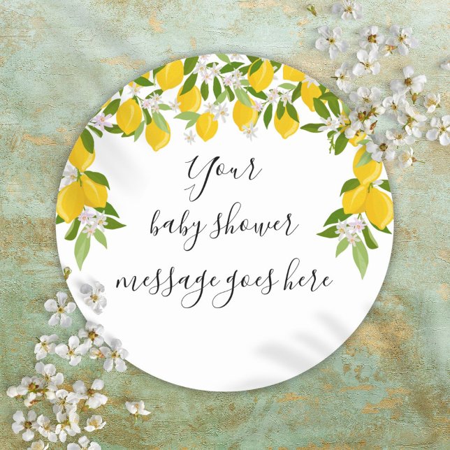 Sticker Rond Faveur de Baby Shower Floral de Citron Vert (Lemons Greenery Floral Baby Shower Favor Classic Round Sticker)