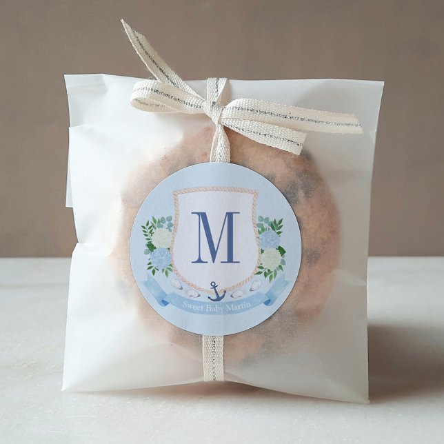 Sticker Rond Faveur de Baby Shower Garçon Monogramme Côtière In (Blue and white coastal monogram crest favor stickers for a stylish baby shower to welcome a baby boy)