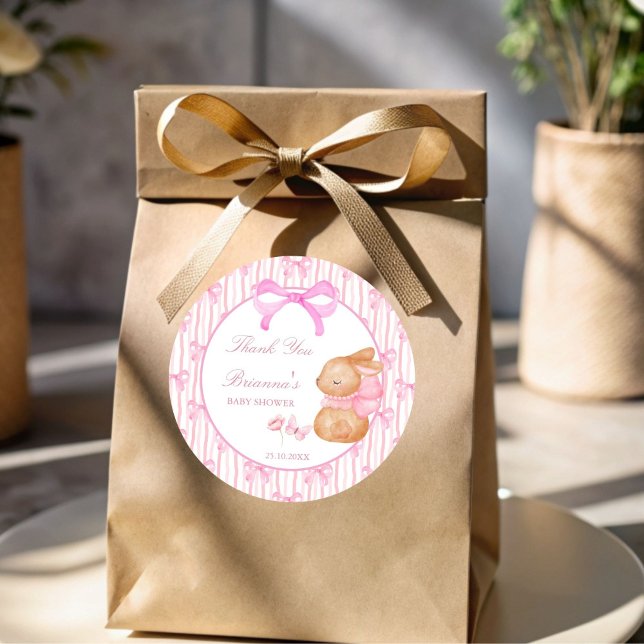 Sticker Rond Faveur de baby shower lapin mignon ruban rose (Cute Bunny pink bow baby shower personalized favor Stickers thank you stickers)