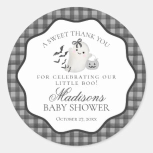 Sticker Rond Faveur de Baby Shower 'Little Boo Ghost' à carreau
