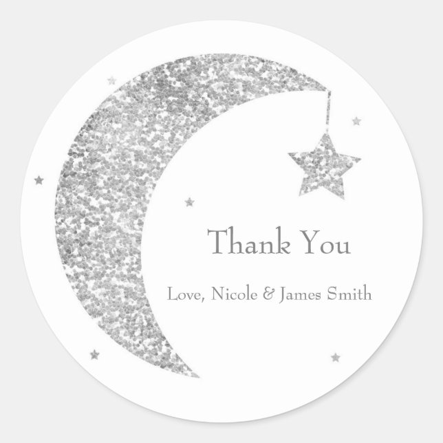 Sticker Rond Faveur de Baby Shower Lune et Étoiles Argent et Bl (Devant)