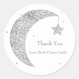 Sticker Rond Faveur de Baby Shower Lune & Étoiles Argent & Blan