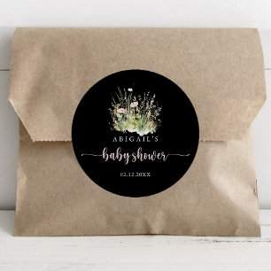 Sticker Rond Faveur de Baby Shower Noir Bohème Verdure Fleur Sa