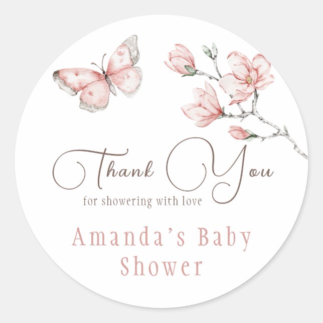Sticker Rond Faveur de Baby Shower Papillon Rose Magnolia (Devant)