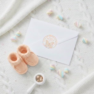 Sticker Rond Faveur de Baby Shower Papillon Sorbet de Pêche Dou