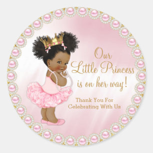 Sticker Rond Faveur de Baby Shower Princesse Afro en Or Rose