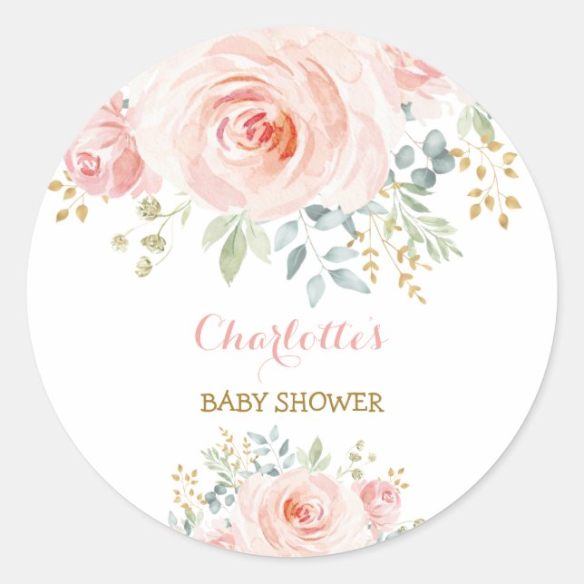 Sticker Rond Faveur de Baby Shower Rose Florale Rose Féminin (Devant)