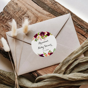 Sticker Rond Faveur de Baby Shower Rustique Rose Bourgogne Flor