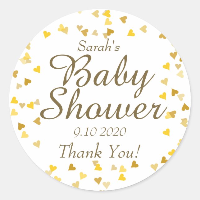 Sticker Rond Faveur de Baby Shower / Sprinkle Cœurs Dorés (Devant)