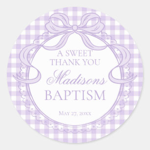Sticker Rond Faveur de baptême à nœud papillon en vichy violet