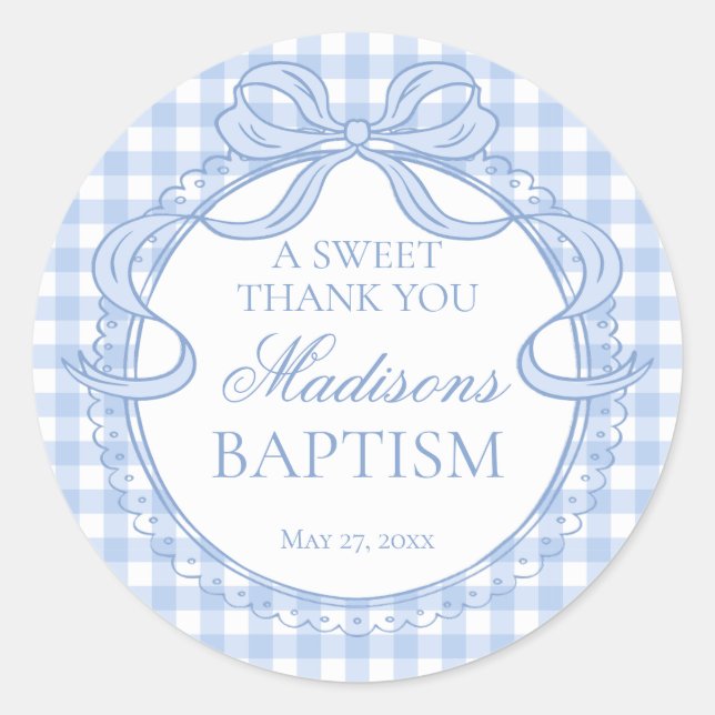 Sticker Rond Faveur de baptême à nœud papillon gingham bleu coq (Devant)