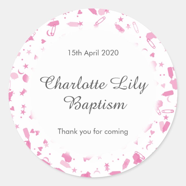 Sticker Rond Faveur de baptême de confettis rose bébé (Devant)
