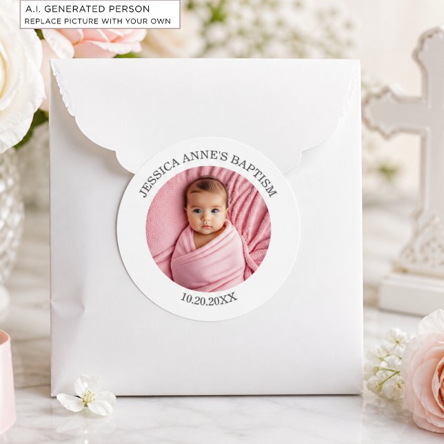 Sticker Rond Faveur de baptême de fille avec photo spéciale (Créateur téléchargé)