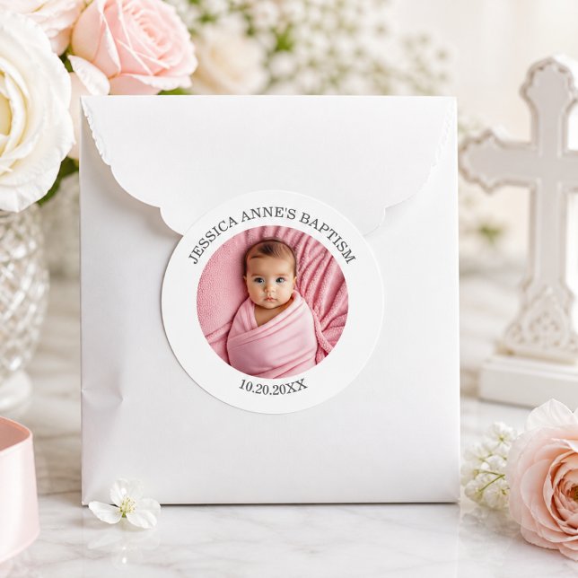 Sticker Rond Faveur de baptême de fille avec photo spéciale (Créateur téléchargé)