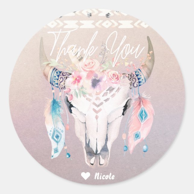 Sticker Rond Faveur de fête Chic Crâne de Vache Florale Boho Gl (Devant)