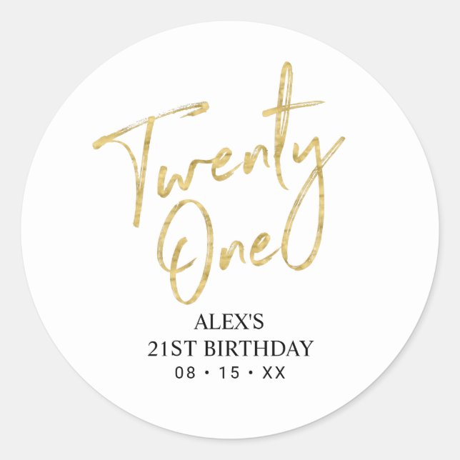 Sticker Rond Faveur de fête d'anniversaire 21 ans Gold & White  (Devant)