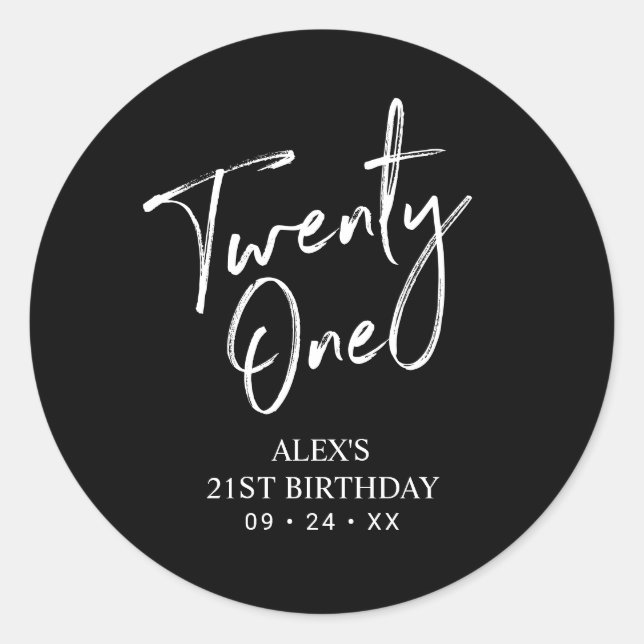 Sticker Rond Faveur de fête d'anniversaire 21 ans Noir & Blanc  (Devant)