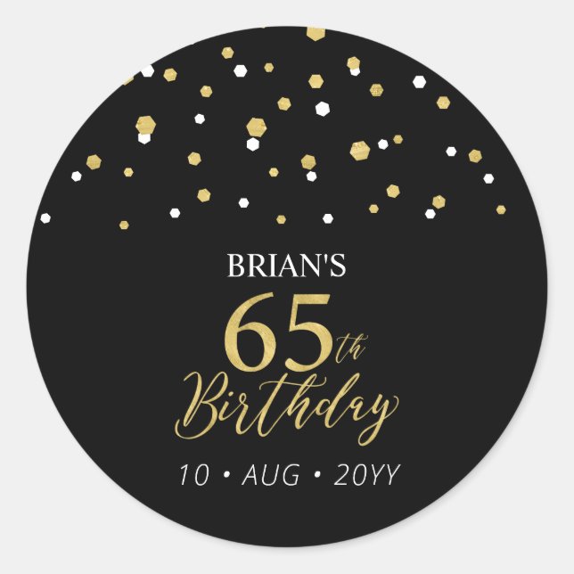 Sticker Rond Faveur de fête d'anniversaire 65 ans confettis Or  (Devant)