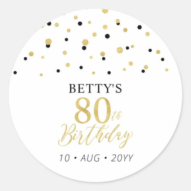 Sticker Rond Faveur de fête d'anniversaire 80 ans confettis Or  (Devant)