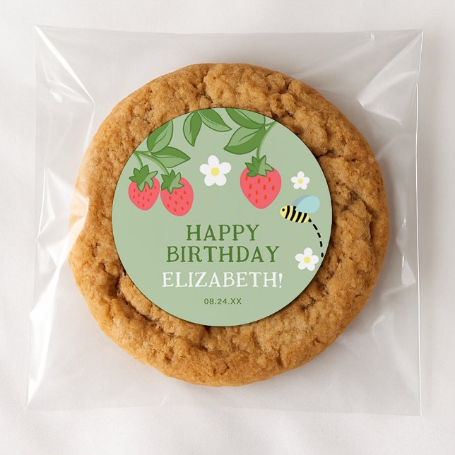 Sticker Rond Faveur de fête d'anniversaire à la fraise Merci (Créateur téléchargé)