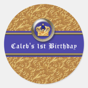 Sticker Rond Faveur de fête d'anniversaire Couronne Or et Bleu 